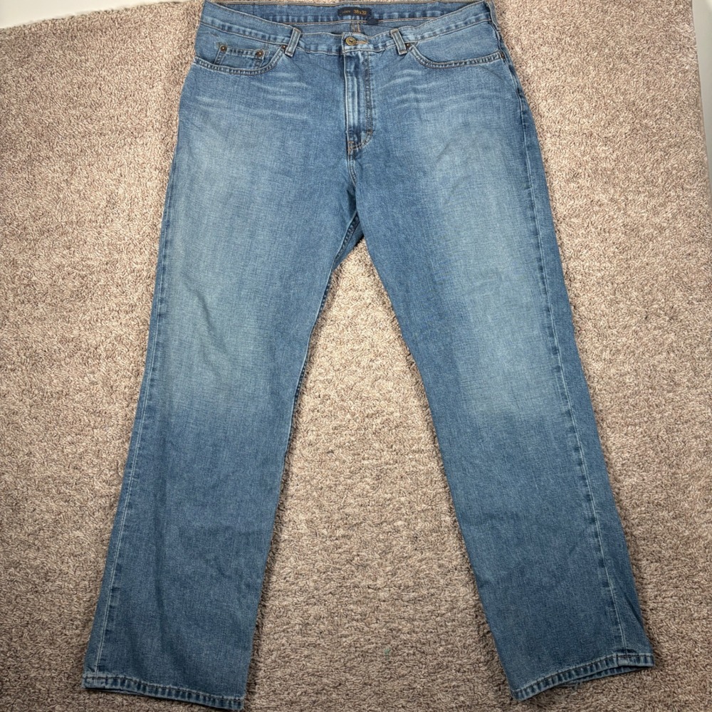 J.Crew Mens Straight Leg Jeans Medium Wash Blue Denim 38x32 Zip Fly Cotton Blend